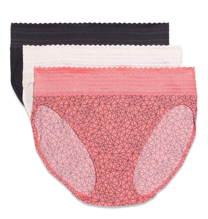 Warner's womens Blissful Benefits Dig-free Comfort Waistband With Lace Microfiber Hi-cut 3-pack 5109w Underwear, Sunkissed Coral Crystal Web/Rosewater/Black, X-Large US - Image 1